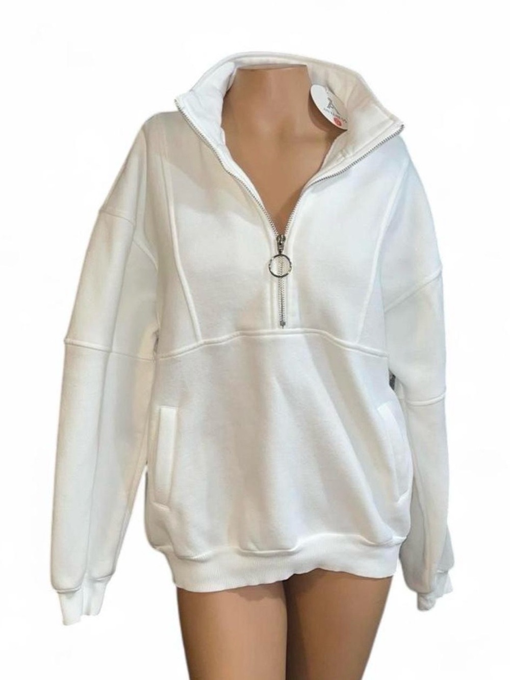 Women's White Half-Zip Ring-Pull Pullover Hoodie